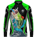 Camiseta de Pescaria Tucunaré Azul estampa Verde com Proteção UV50+ Gola de Zíper e Tecido Premium