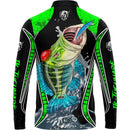 Camiseta de Pescaria Tucunaré Azul estampa Verde com Proteção UV50+ Gola de Zíper e Tecido Premium