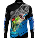 Camiseta de Pescaria Tucunaré Azul estampa Azulada com Proteção UV50+ Gola de Zíper e Tecido Premium