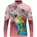 Camiseta de Pescaria Tucunaré Azul estampa Rosa com Proteção UV50+ Gola de Zíper e Tecido Premium