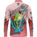 Camiseta de Pescaria Tucunaré Azul estampa Rosa com Proteção UV50+ Gola de Zíper e Tecido Premium