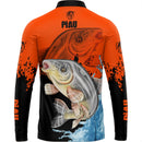 Camiseta de Pesca Piau Açu Laranja e preto com Gola de Zíper e Tecido Premium com Proteção UV50+