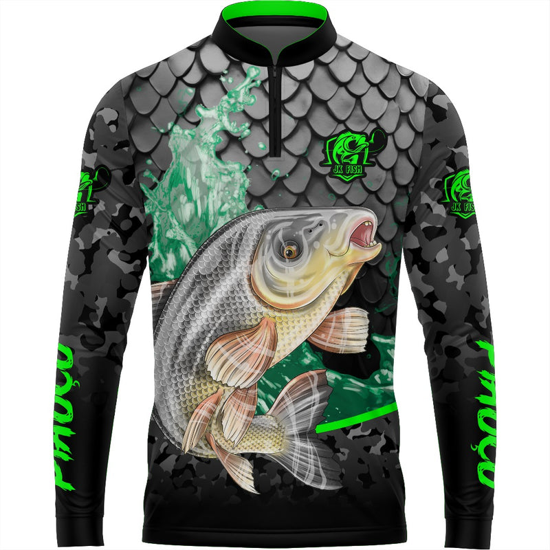 Camiseta Piau Açu Escama Verde com Gola de Zíper e Tecido Premium Com Proteção UV50+